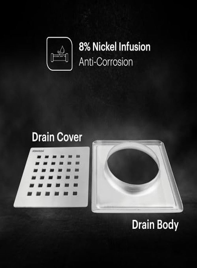 Johnson Bathrooms Johnson Rio 6x6 inches Square Floor Drain | SS304 Grade Floor Trap Jali/Drain Cover| Anti-Rust, Matt/Satin Finish | 2 Year Warranty (T7181S2 - Stainless Steel) - Image 3